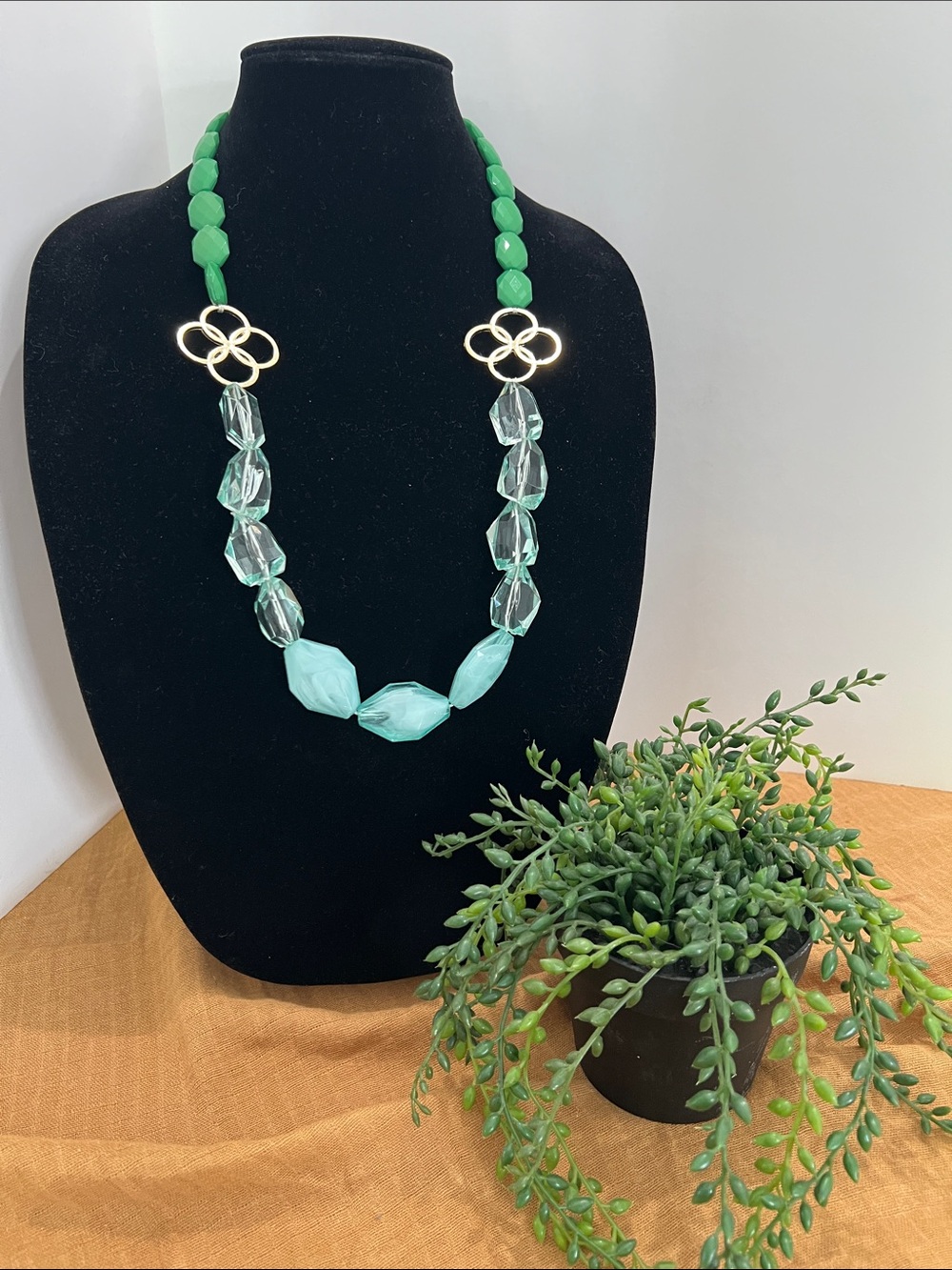 Elegant shades of Turquoise green & Resin Statement Necklace with gold accents